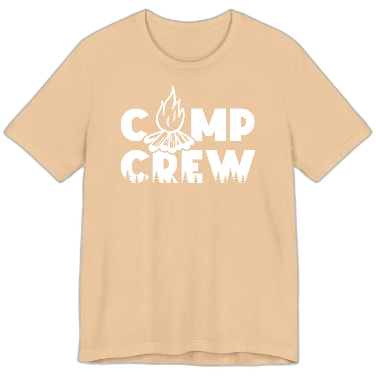 Camp Crew campfire design with stylized flames, flower bloom, and pine trees on gray background in Sand Dune