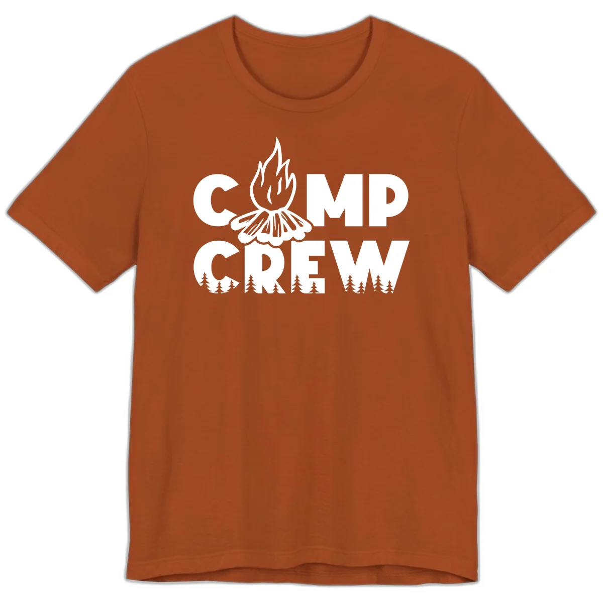 Camp Crew campfire design with stylized flames, flower bloom, and pine trees on gray background in Autumn