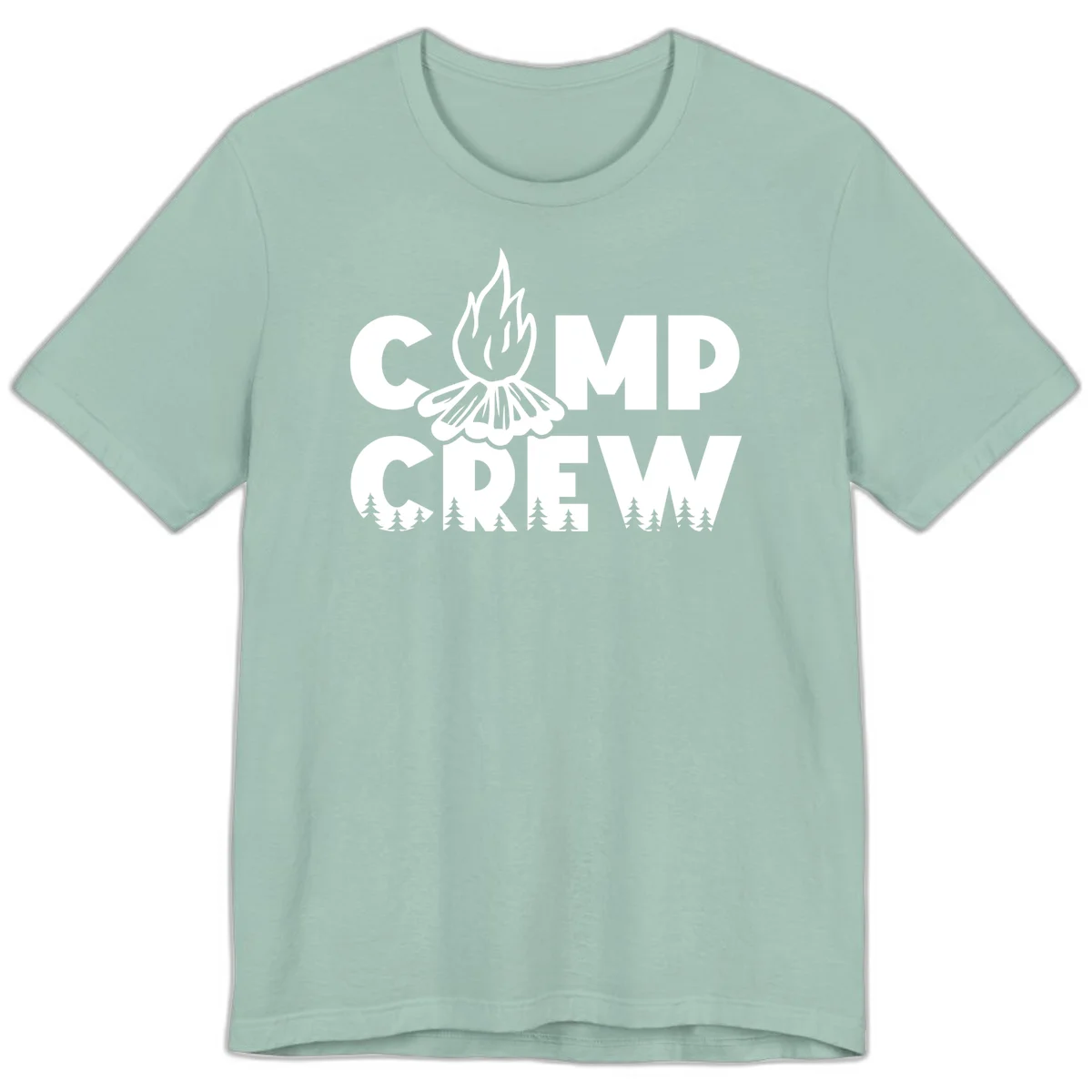 Camp Crew campfire design with stylized flames, flower bloom, and pine trees on gray background in Dusty Blue