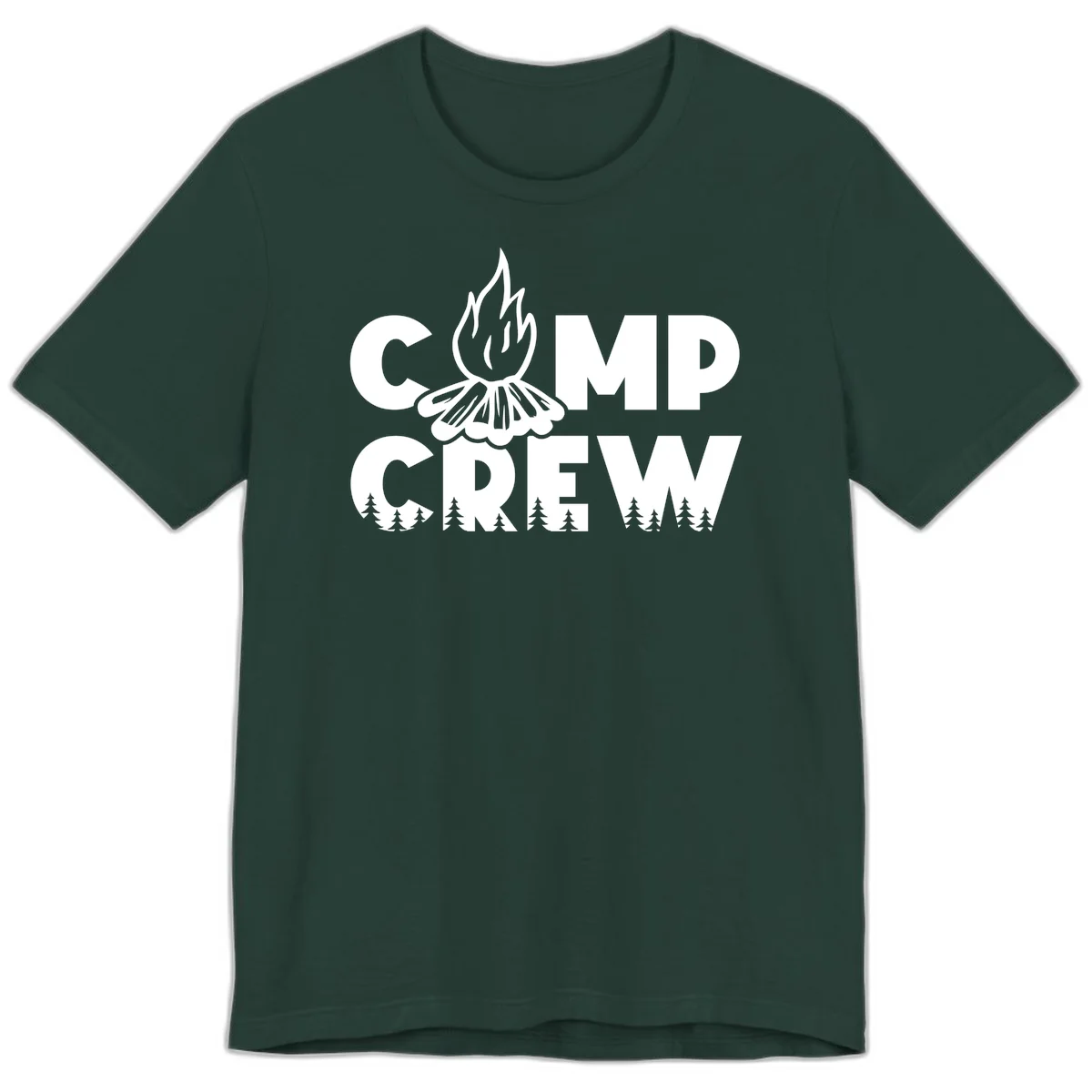 Camp Crew campfire design with stylized flames, flower bloom, and pine trees on gray background in Forest