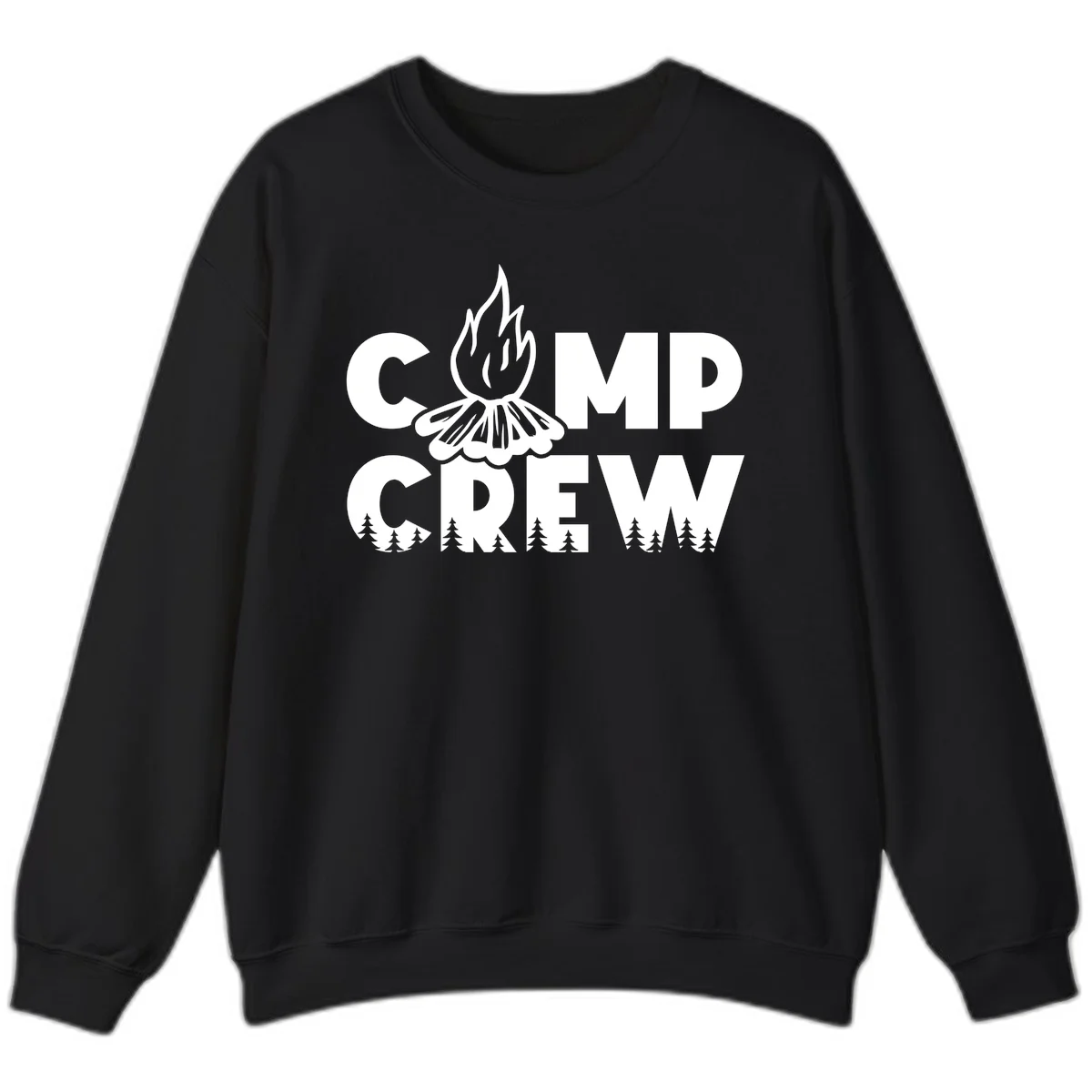 Camp Crew campfire design with stylized flames, flower bloom, and pine trees on gray background in Black