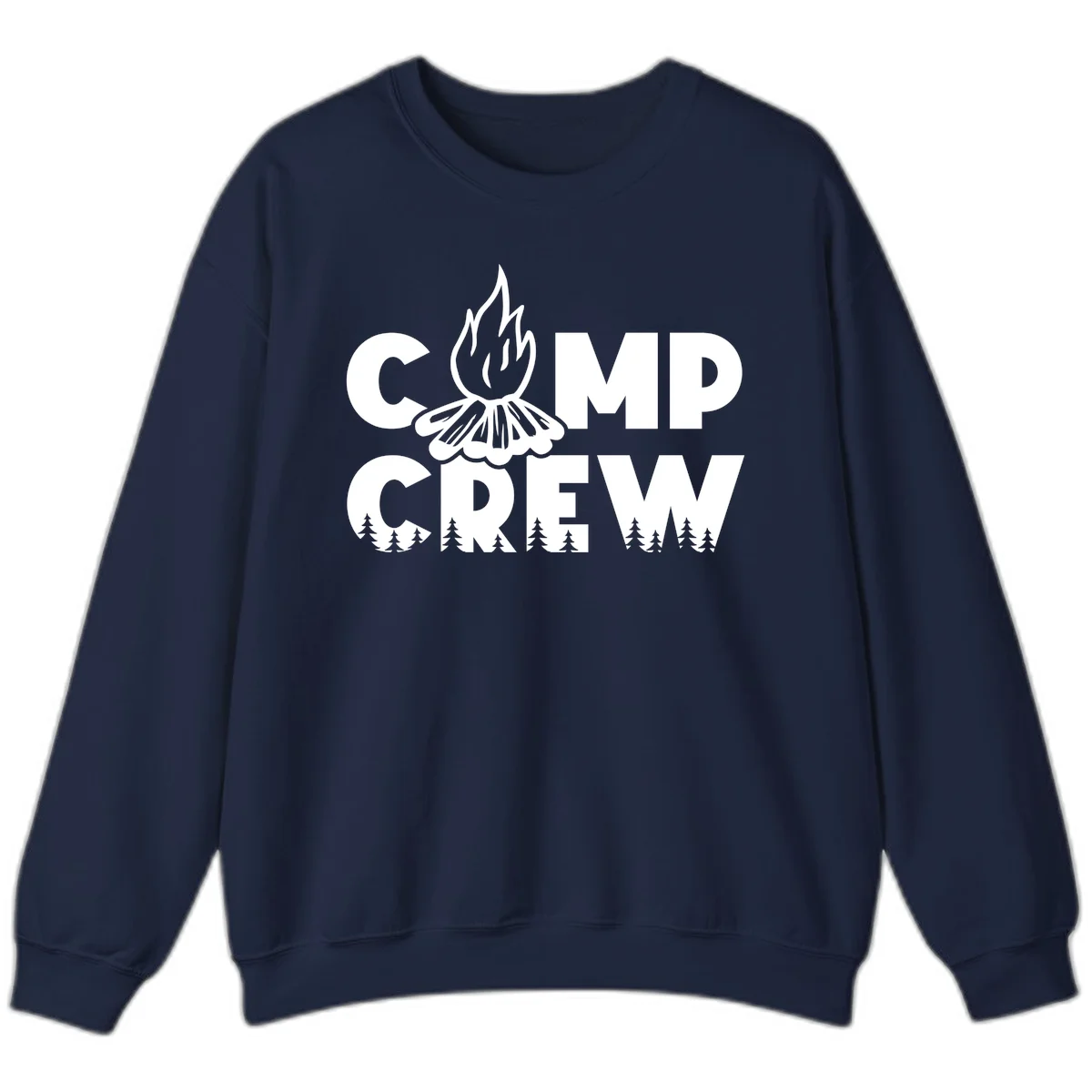 Camp Crew campfire design with stylized flames, flower bloom, and pine trees on gray background in Navy