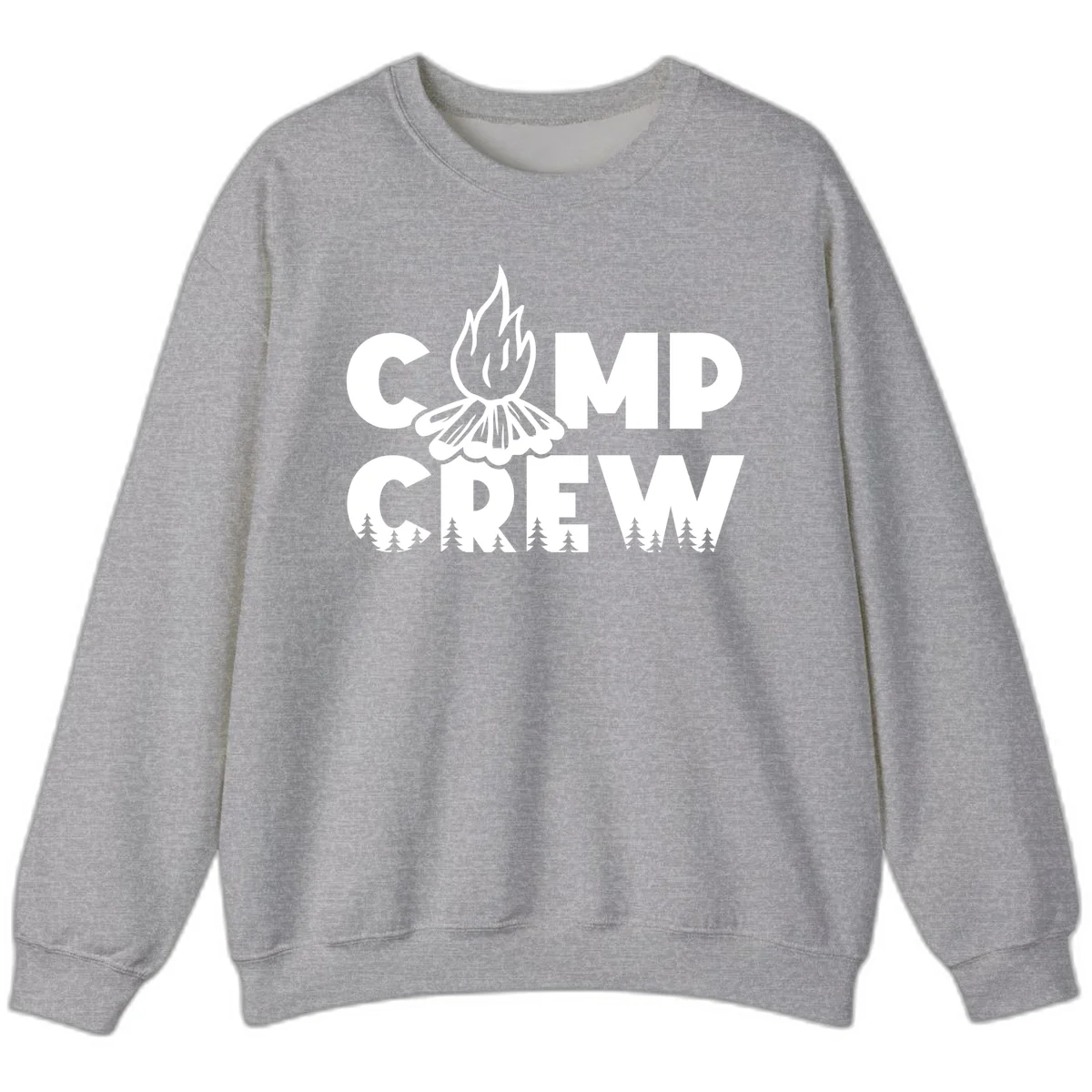 Camp Crew campfire design with stylized flames, flower bloom, and pine trees on gray background in Sport Grey