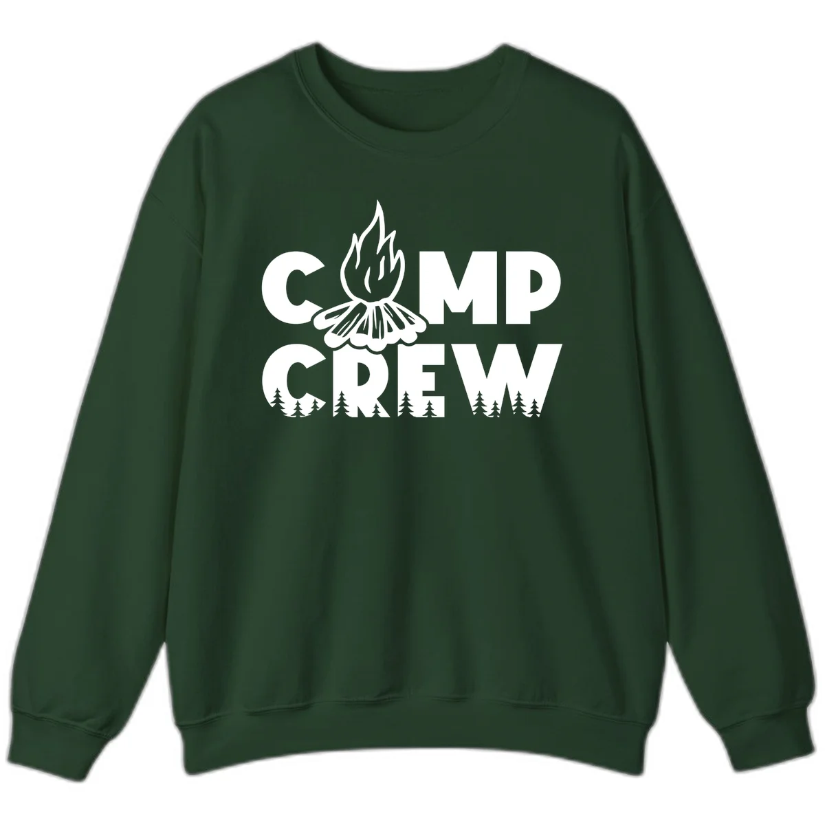 Camp Crew campfire design with stylized flames, flower bloom, and pine trees on gray background in Forest Green