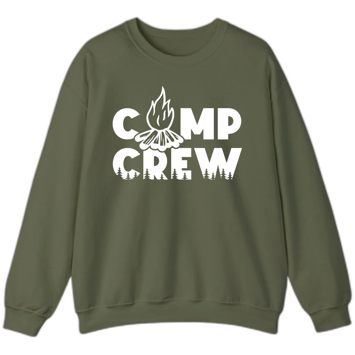 Camp Crew campfire design with stylized flames, flower bloom, and pine trees on gray background in Military Green