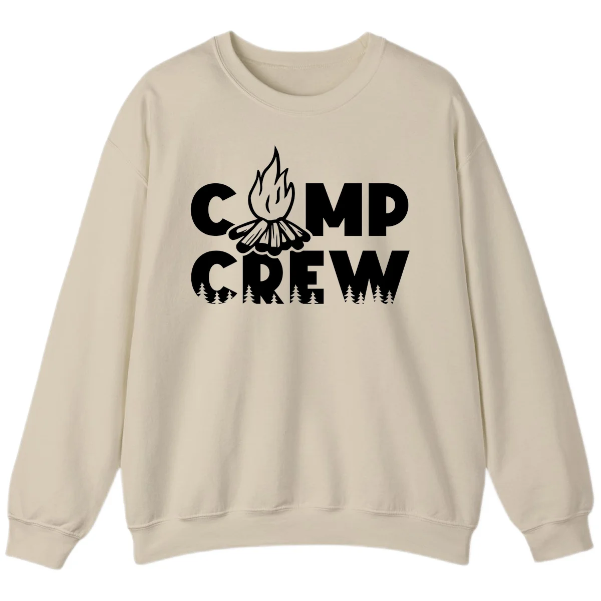 Camp Crew campfire design with stylized flames, flower bloom, and pine trees on gray background in Sand