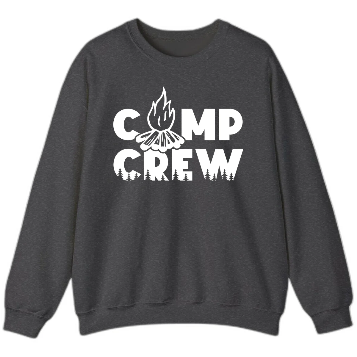Camp Crew campfire design with stylized flames, flower bloom, and pine trees on gray background in Dark Heather