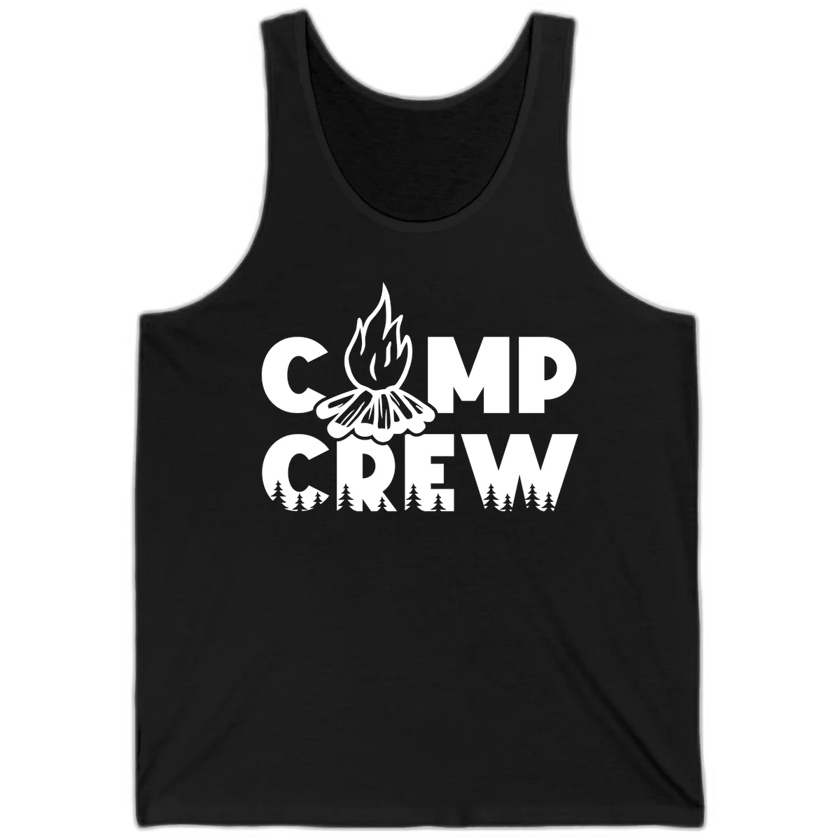 Camp Crew campfire design with stylized flames, flower bloom, and pine trees on gray background in Black