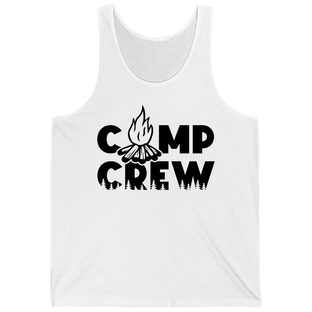 Camp Crew campfire design with stylized flames, flower bloom, and pine trees on gray background in White