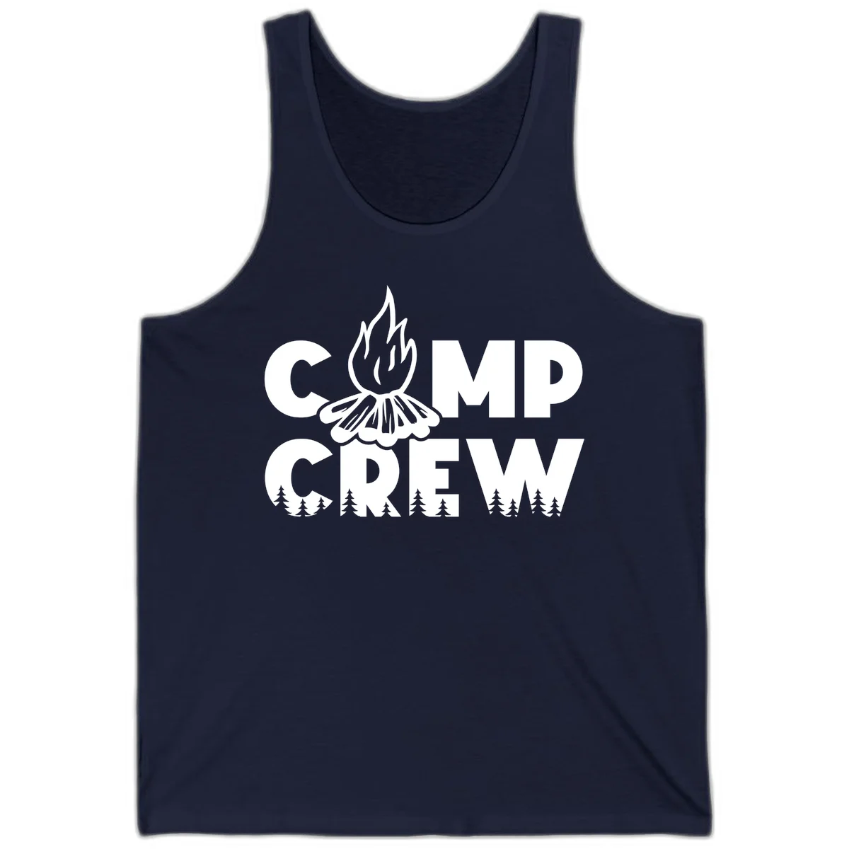 Camp Crew campfire design with stylized flames, flower bloom, and pine trees on gray background in Navy