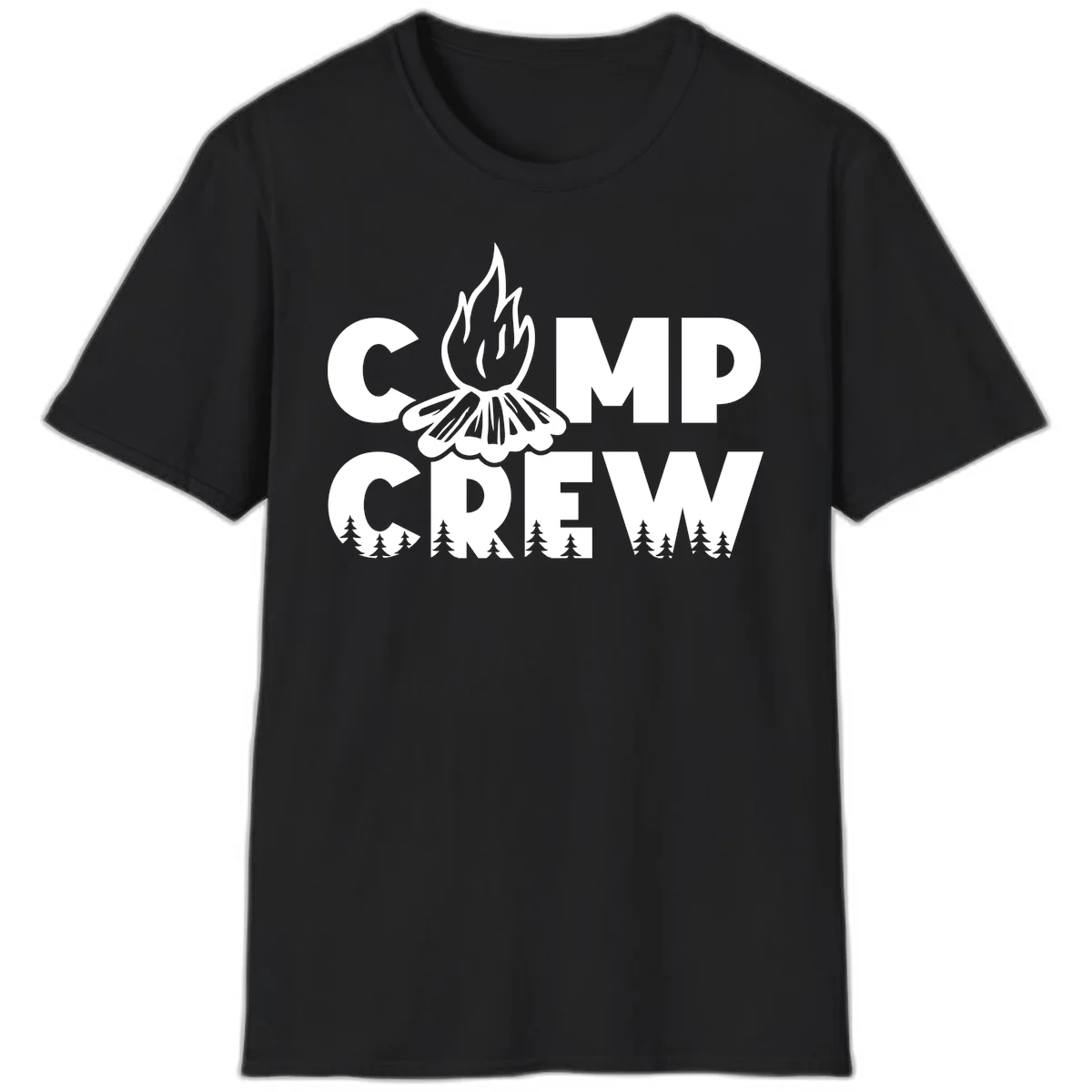 Camp Crew campfire design with stylized flames, flower bloom, and pine trees on gray background in Black