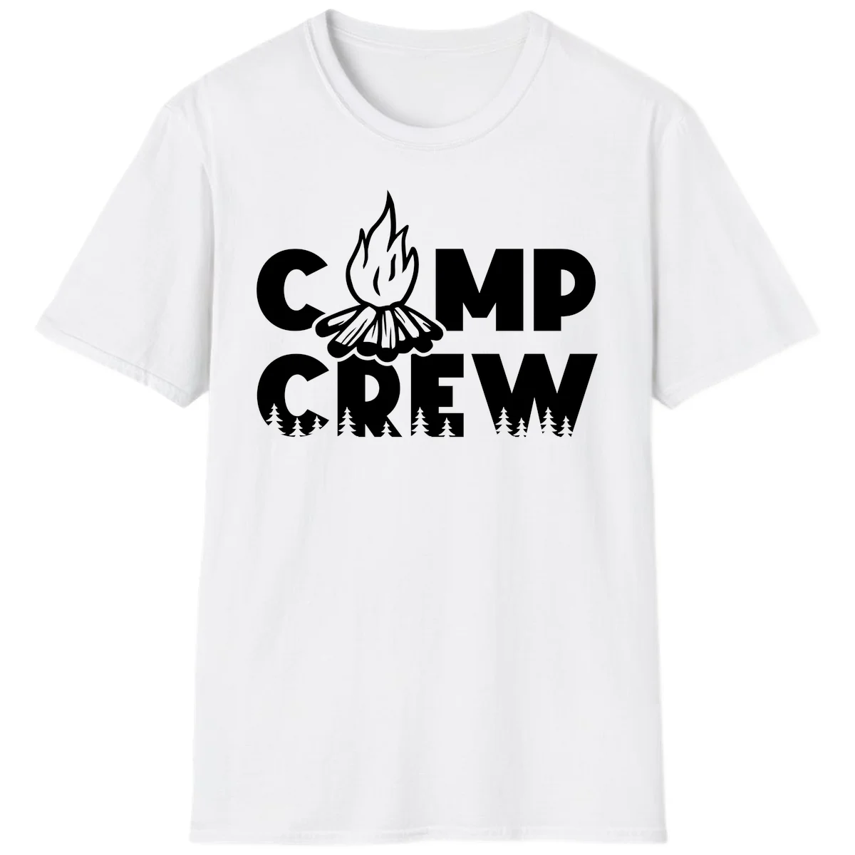 Camp Crew campfire design with stylized flames, flower bloom, and pine trees on gray background in White