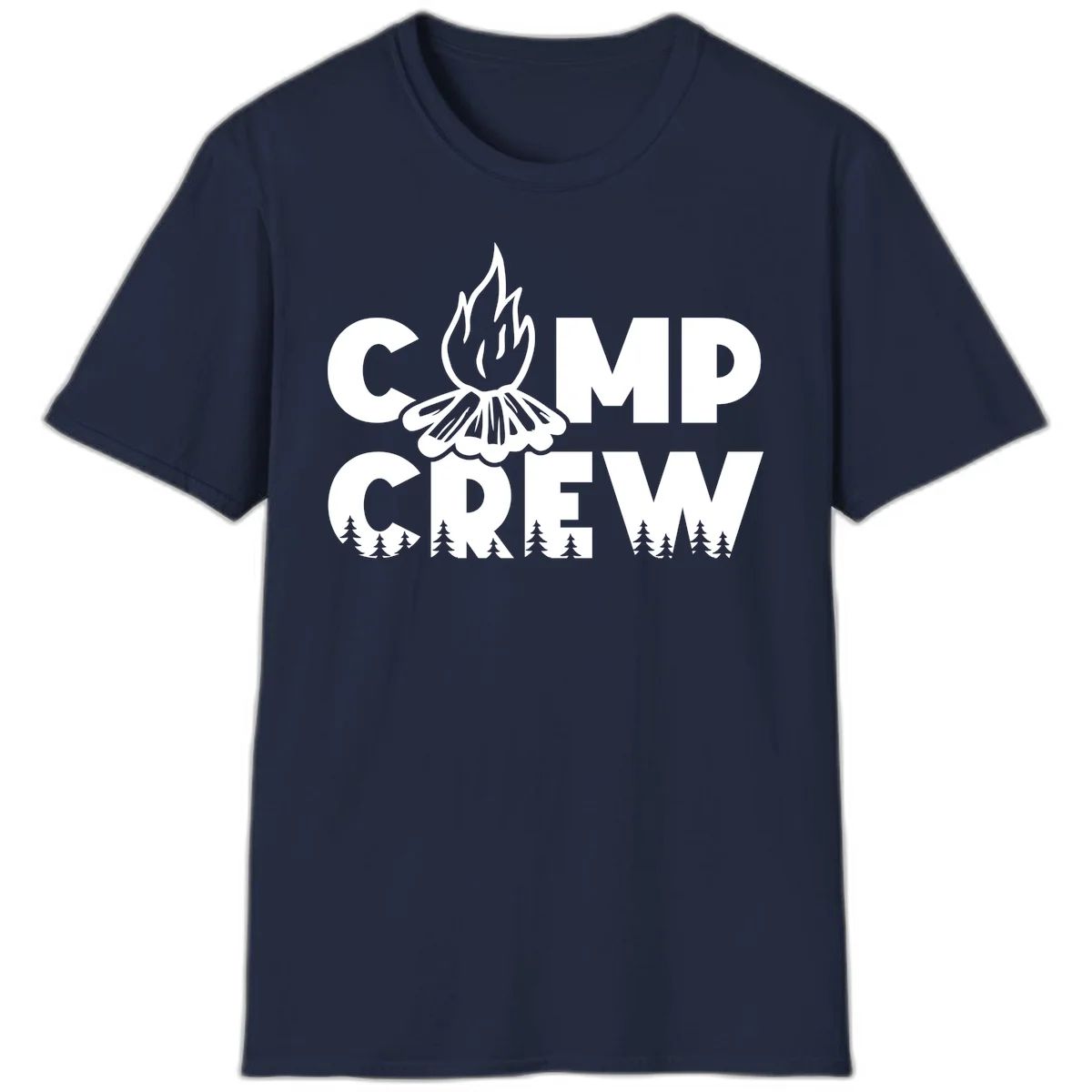 Camp Crew campfire design with stylized flames, flower bloom, and pine trees on gray background in Navy