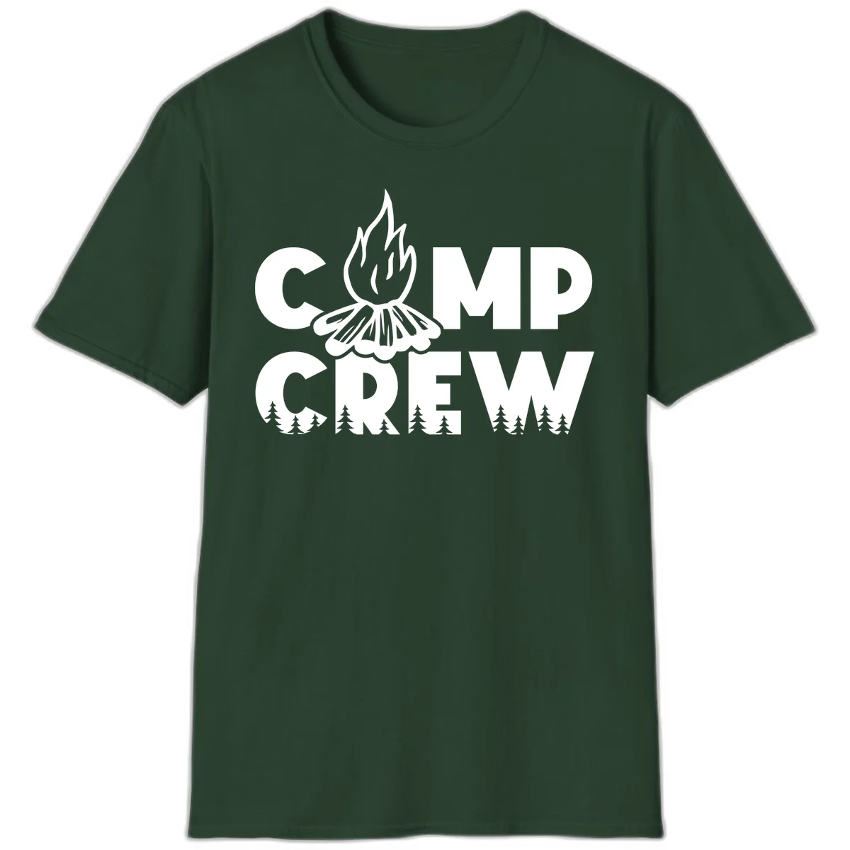 Camp Crew campfire design with stylized flames, flower bloom, and pine trees on gray background in Forest Green