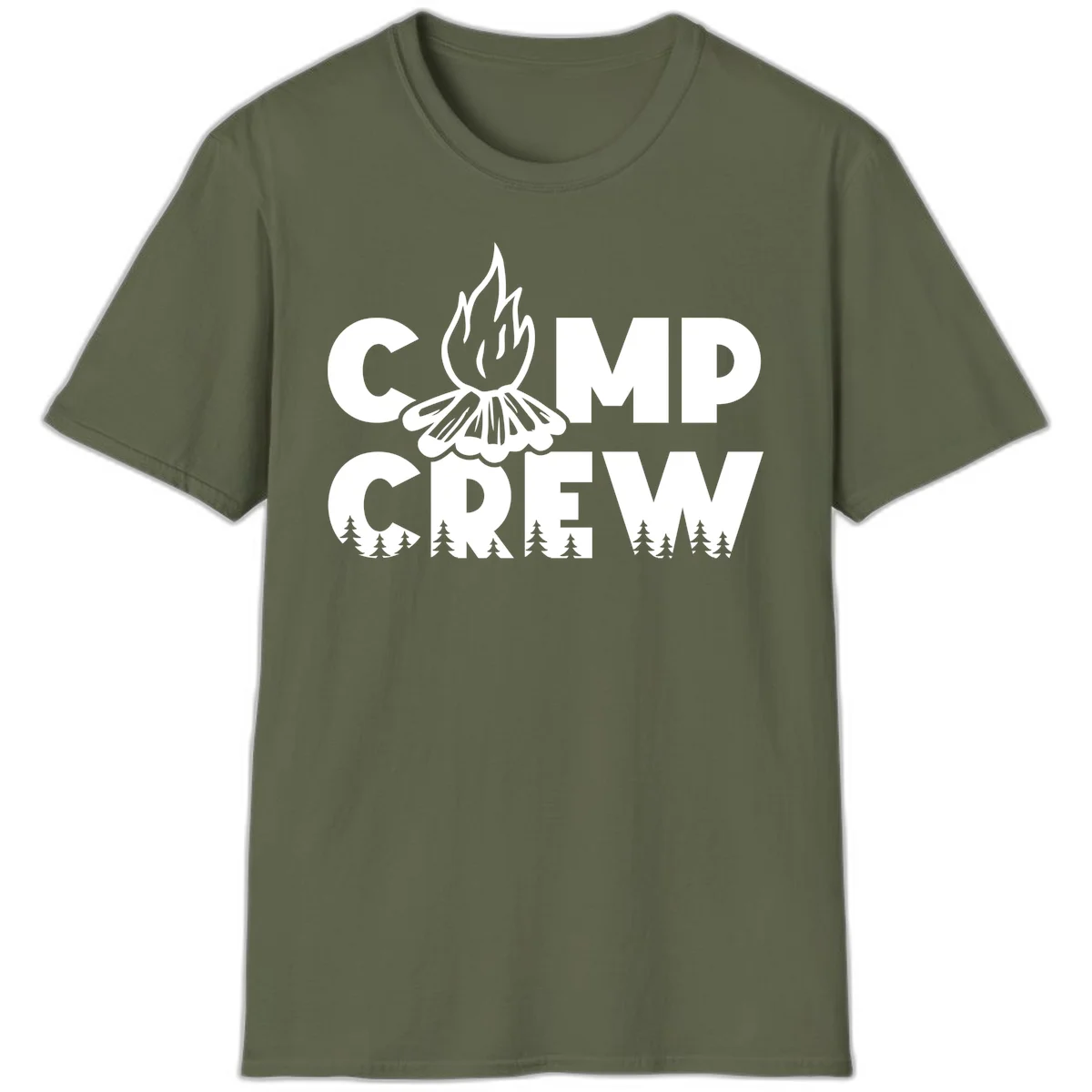 Camp Crew campfire design with stylized flames, flower bloom, and pine trees on gray background in Military Green