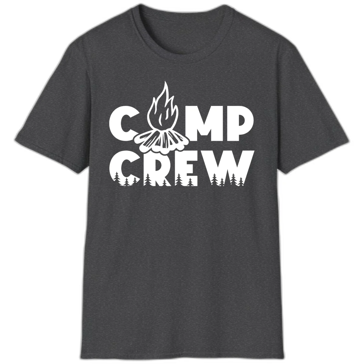 Camp Crew campfire design with stylized flames, flower bloom, and pine trees on gray background in Dark Heather