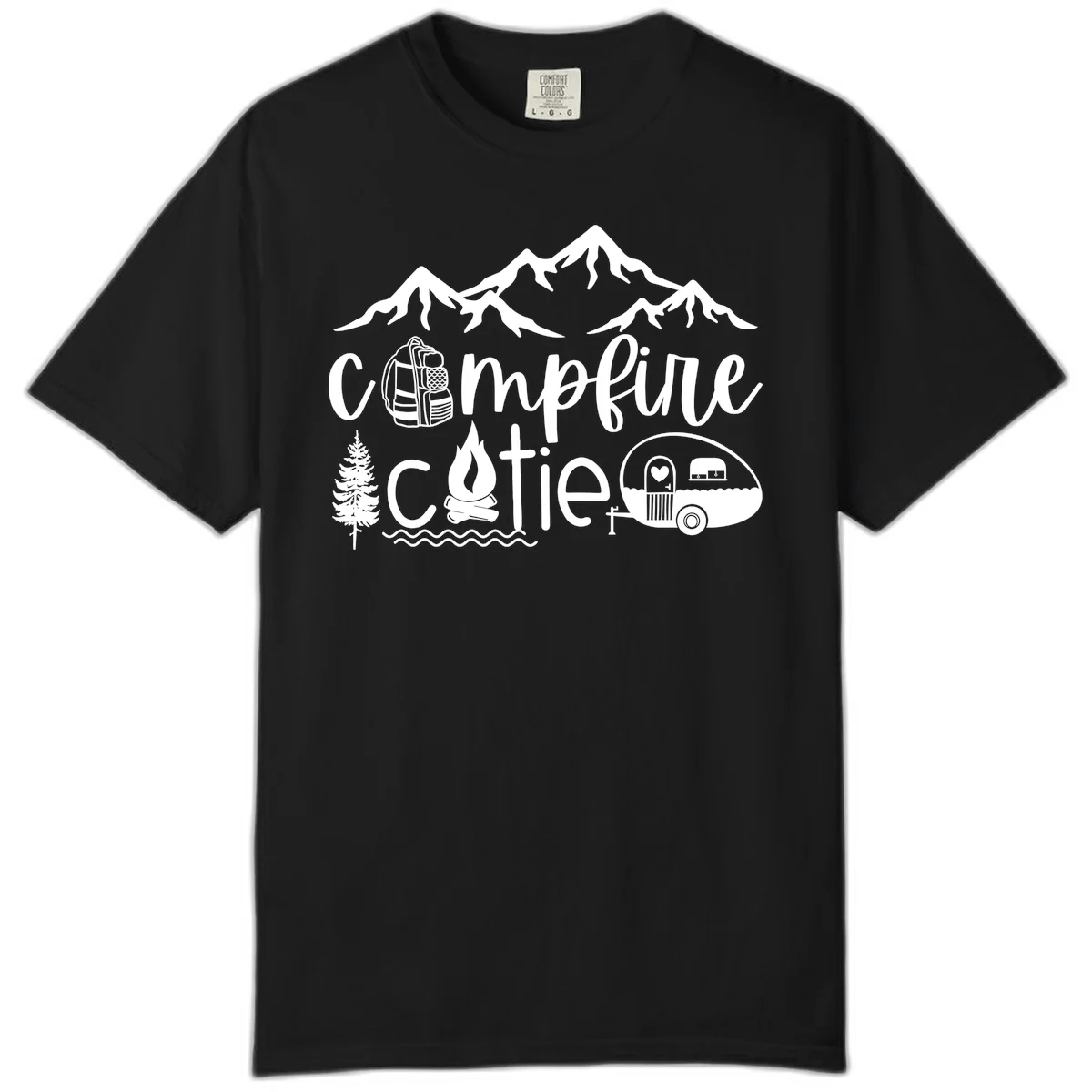 Campfire cutie camping design with mountains, backpack, camper trailer, campfire, and pine tree in white on gray background in Black