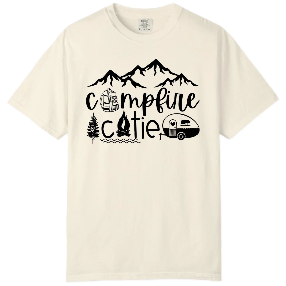 Campfire cutie camping design with mountains, backpack, camper trailer, campfire, and pine tree in white on gray background in Ivory