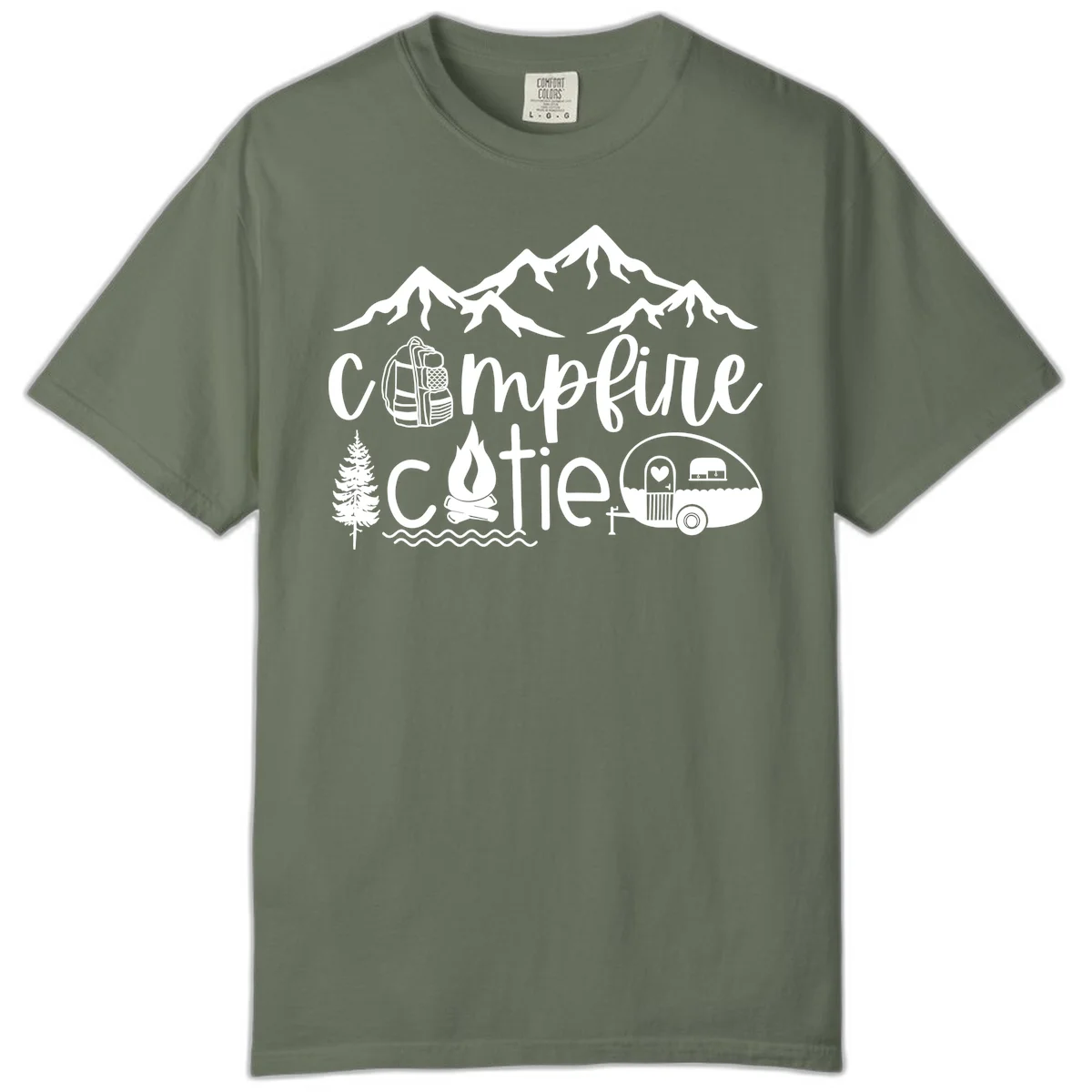 Campfire cutie camping design with mountains, backpack, camper trailer, campfire, and pine tree in white on gray background in Moss