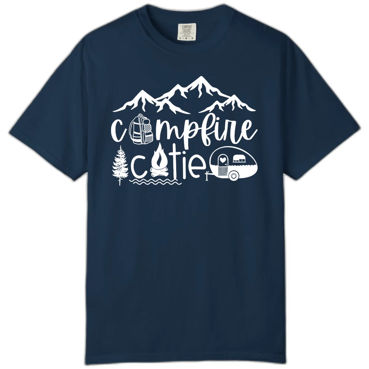 Campfire cutie camping design with mountains, backpack, camper trailer, campfire, and pine tree in white on gray background in True Navy