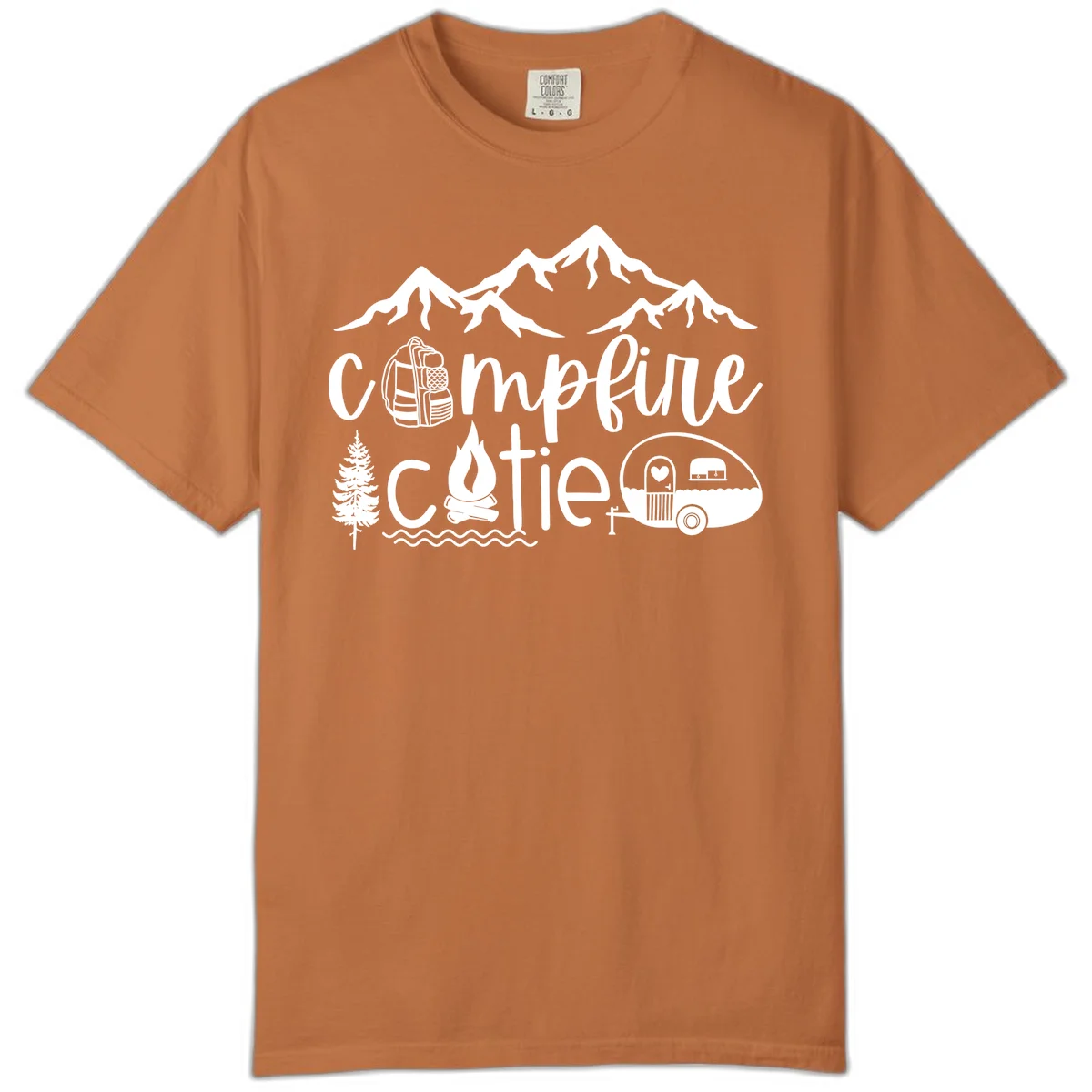 Campfire cutie camping design with mountains, backpack, camper trailer, campfire, and pine tree in white on gray background in Yam