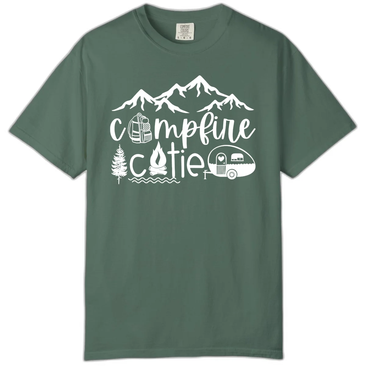 Campfire cutie camping design with mountains, backpack, camper trailer, campfire, and pine tree in white on gray background in Blue Spruce