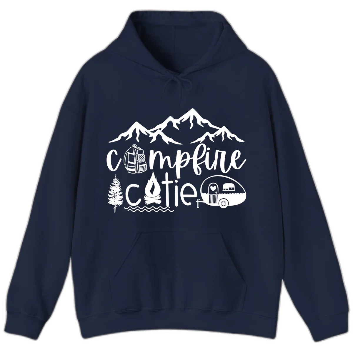 Campfire cutie camping design with mountains, backpack, camper trailer, campfire, and pine tree in white on gray background in Navy