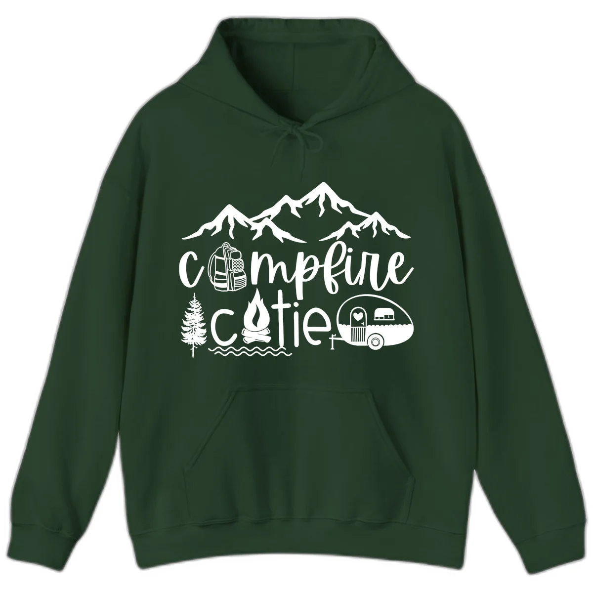 Campfire cutie camping design with mountains, backpack, camper trailer, campfire, and pine tree in white on gray background in Forest Green
