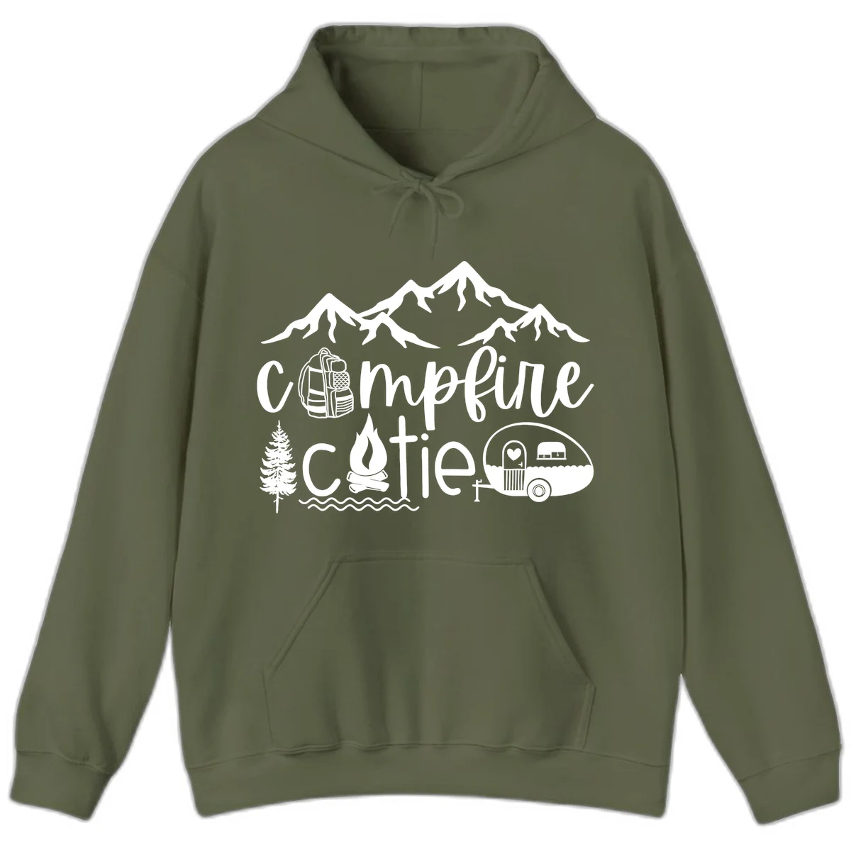 Campfire cutie camping design with mountains, backpack, camper trailer, campfire, and pine tree in white on gray background in Military Green