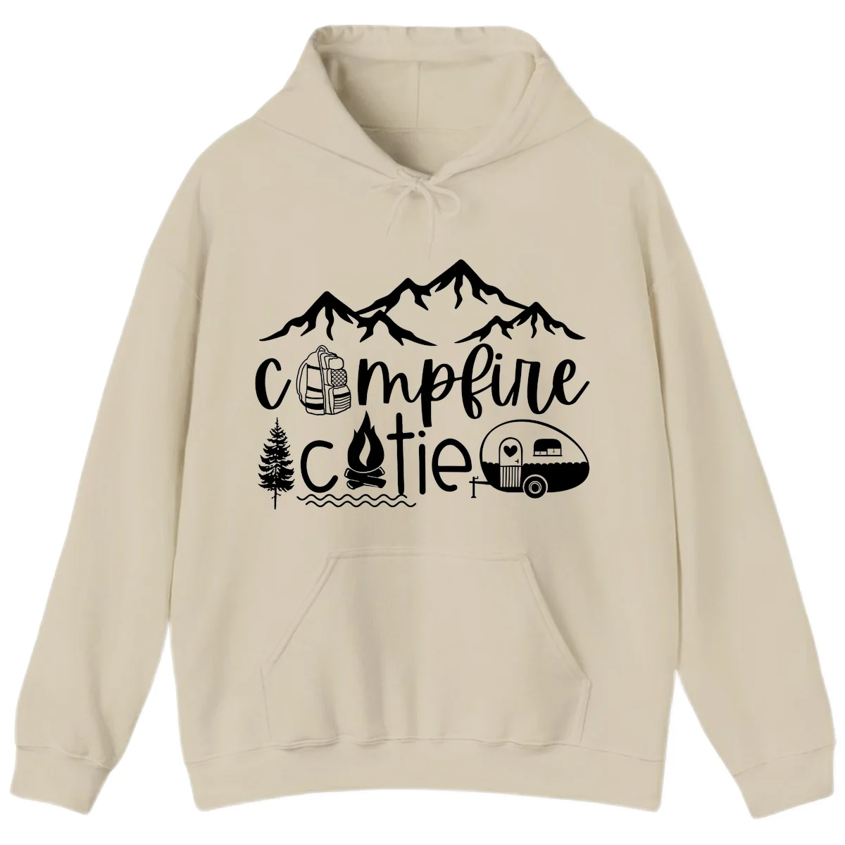 Campfire cutie camping design with mountains, backpack, camper trailer, campfire, and pine tree in white on gray background in Sand