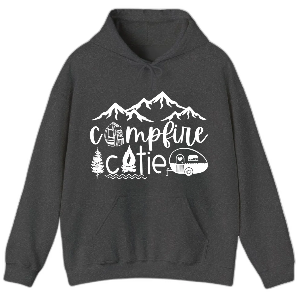 Campfire cutie camping design with mountains, backpack, camper trailer, campfire, and pine tree in white on gray background in Dark Heather