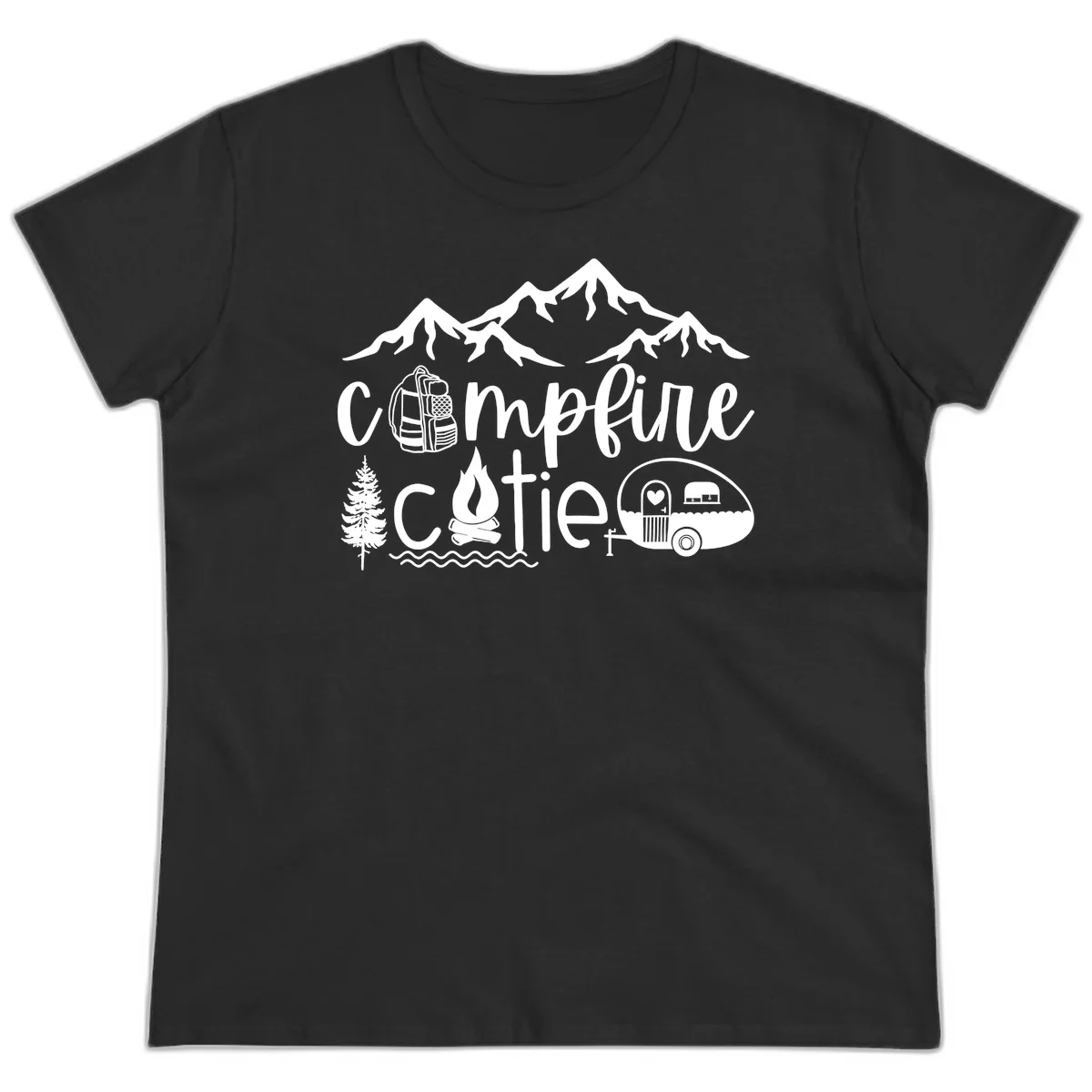 Campfire cutie camping design with mountains, backpack, camper trailer, campfire, and pine tree in white on gray background in Black