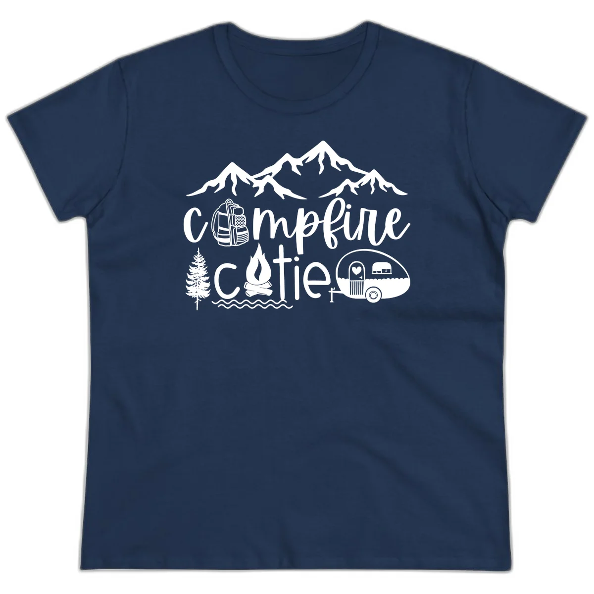 Campfire cutie camping design with mountains, backpack, camper trailer, campfire, and pine tree in white on gray background in Navy