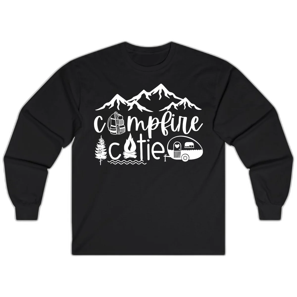 Campfire cutie camping design with mountains, backpack, camper trailer, campfire, and pine tree in white on gray background in Black