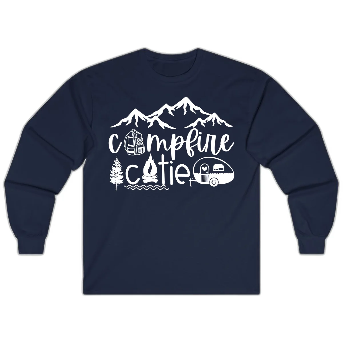 Campfire cutie camping design with mountains, backpack, camper trailer, campfire, and pine tree in white on gray background in Navy