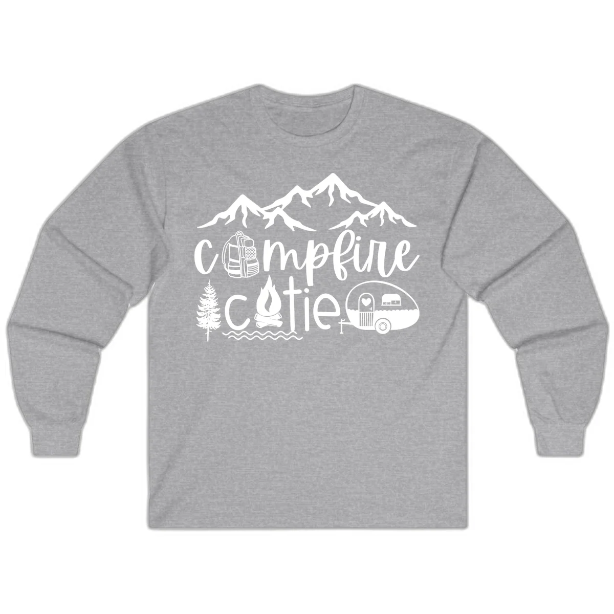 Campfire cutie camping design with mountains, backpack, camper trailer, campfire, and pine tree in white on gray background in Sport Grey
