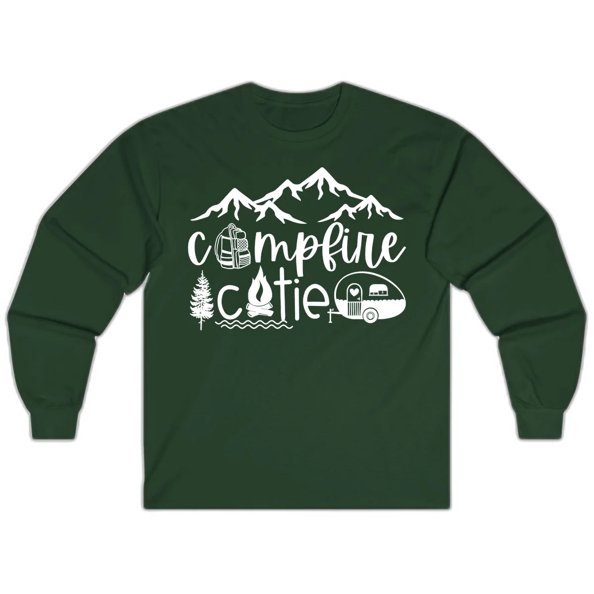 Campfire cutie camping design with mountains, backpack, camper trailer, campfire, and pine tree in white on gray background in Forest Green