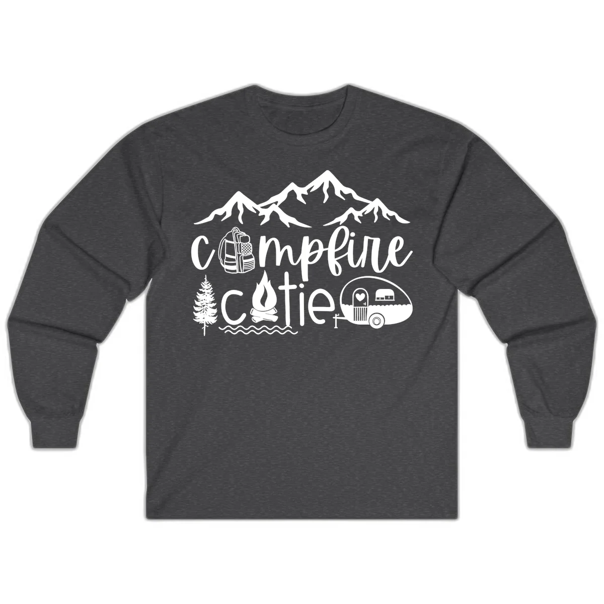 Campfire cutie camping design with mountains, backpack, camper trailer, campfire, and pine tree in white on gray background in Dark Heather