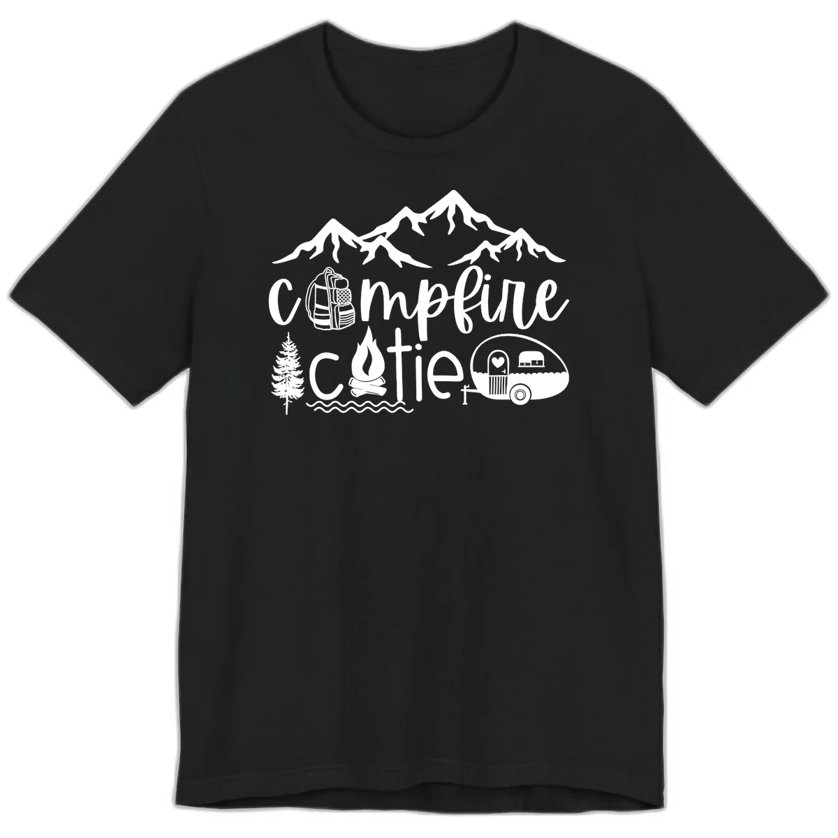 Campfire cutie camping design with mountains, backpack, camper trailer, campfire, and pine tree in white on gray background in Black