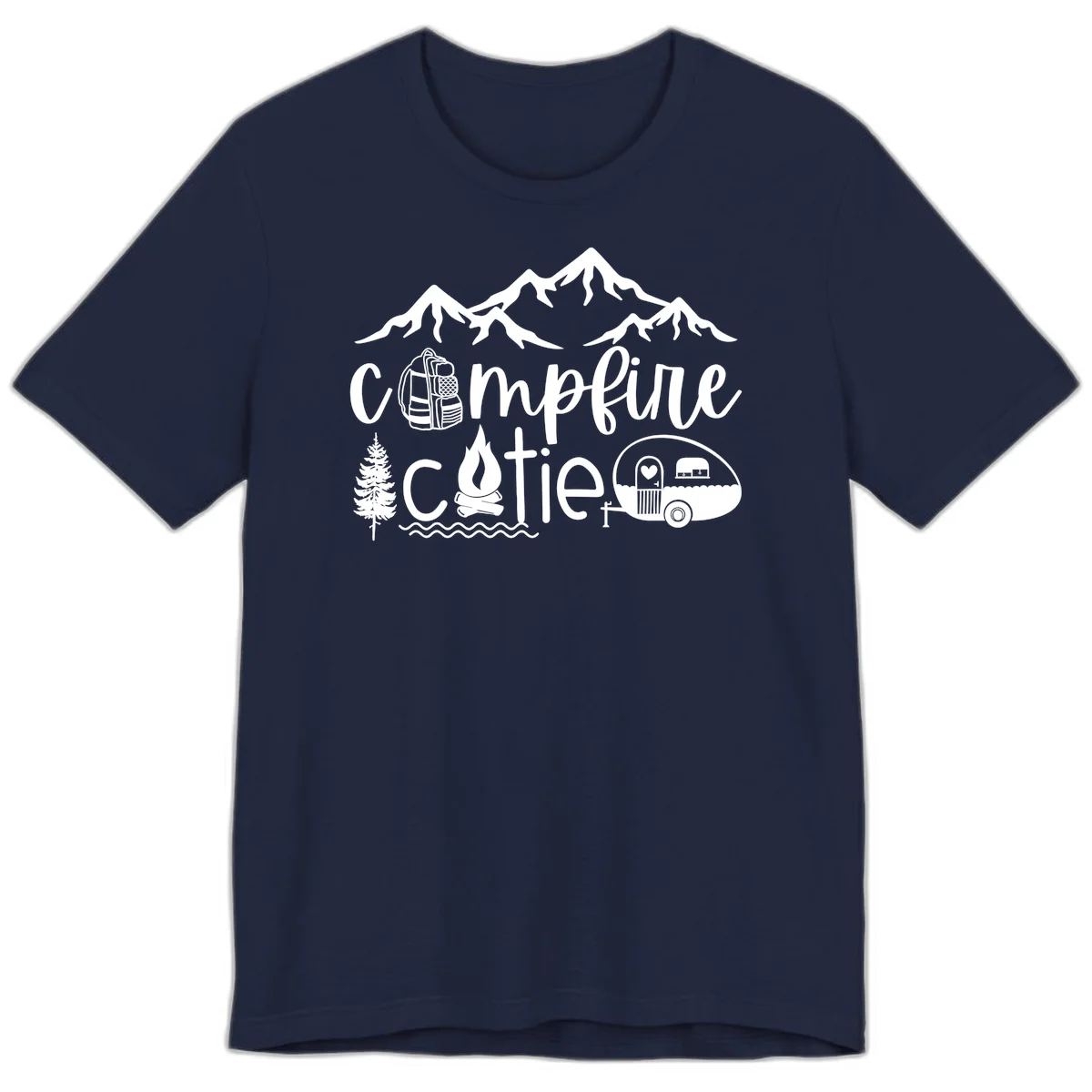 Campfire cutie camping design with mountains, backpack, camper trailer, campfire, and pine tree in white on gray background in Navy