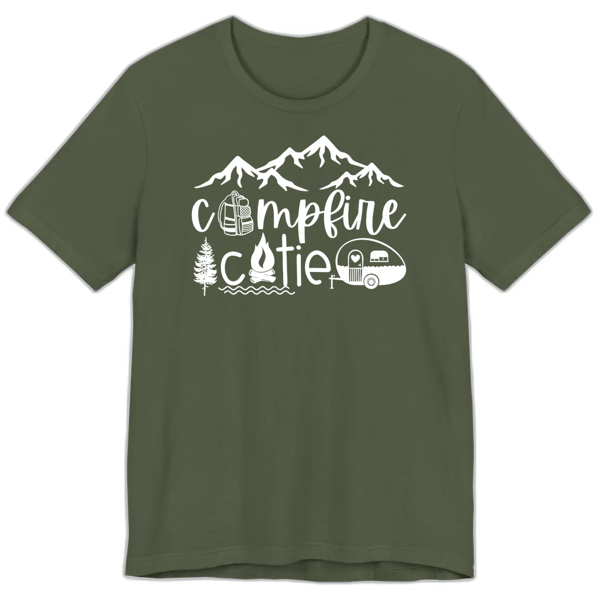 Campfire cutie camping design with mountains, backpack, camper trailer, campfire, and pine tree in white on gray background in Military Green