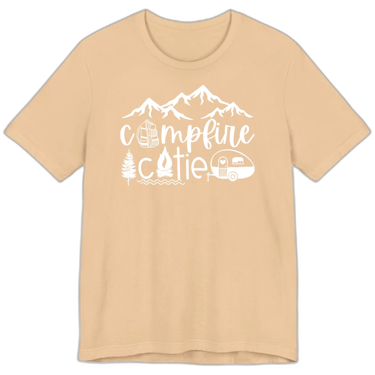 Campfire cutie camping design with mountains, backpack, camper trailer, campfire, and pine tree in white on gray background in Sand Dune
