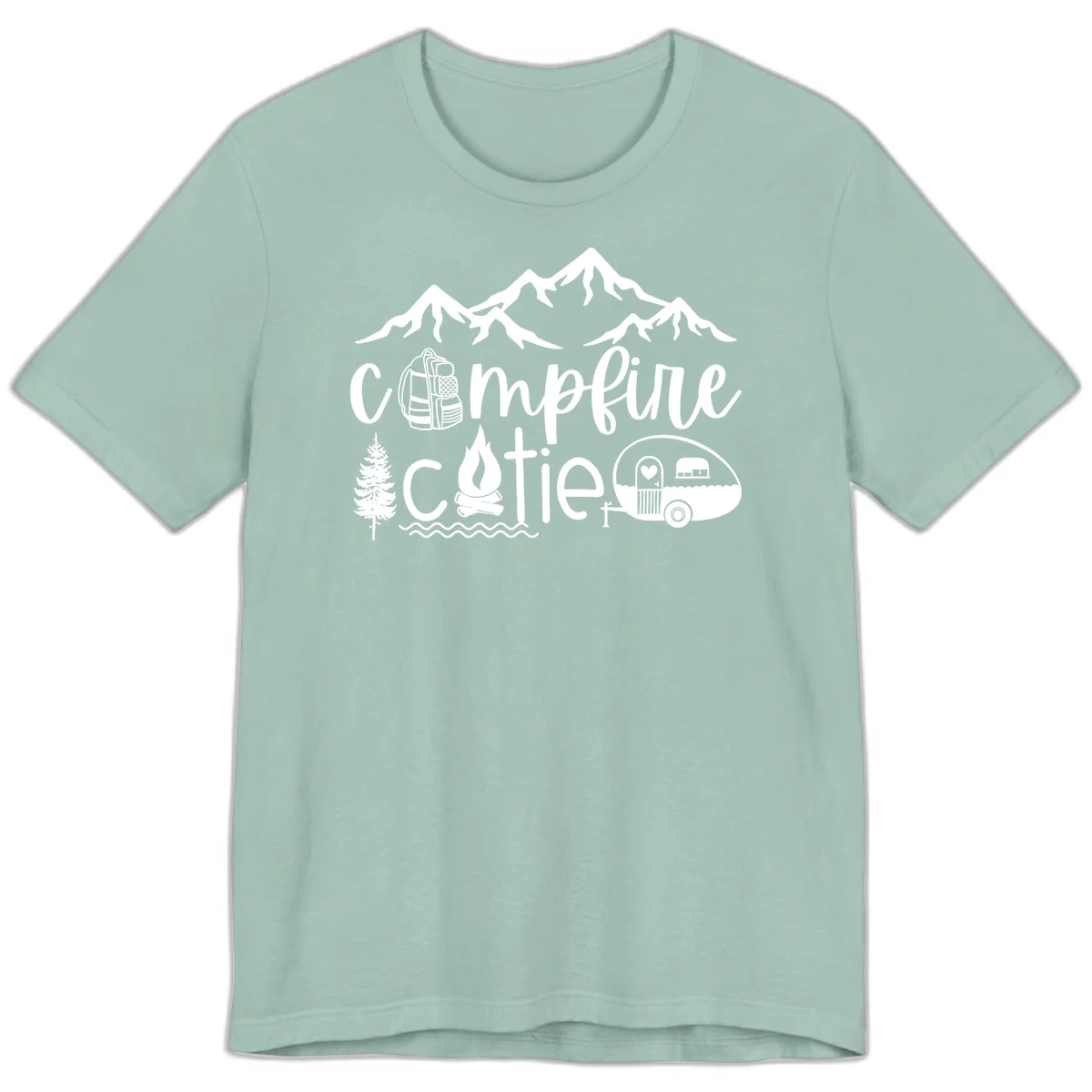 Campfire cutie camping design with mountains, backpack, camper trailer, campfire, and pine tree in white on gray background in Dusty Blue