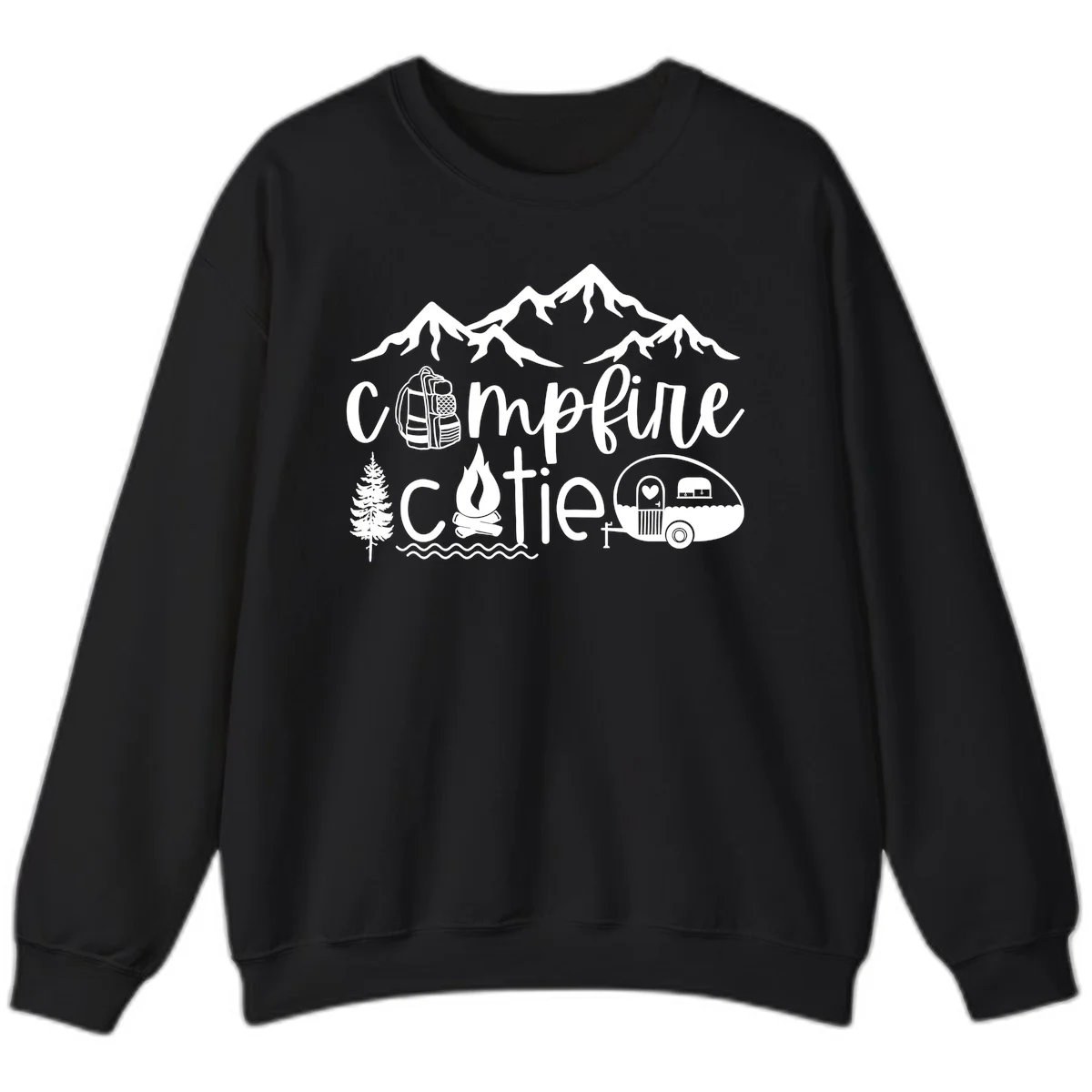 Campfire cutie camping design with mountains, backpack, camper trailer, campfire, and pine tree in white on gray background in Black