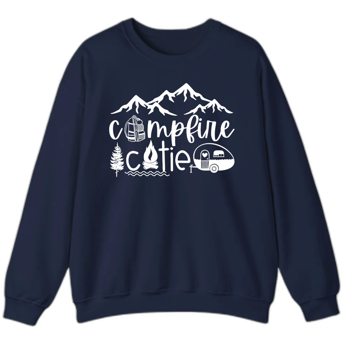 Campfire cutie camping design with mountains, backpack, camper trailer, campfire, and pine tree in white on gray background in Navy