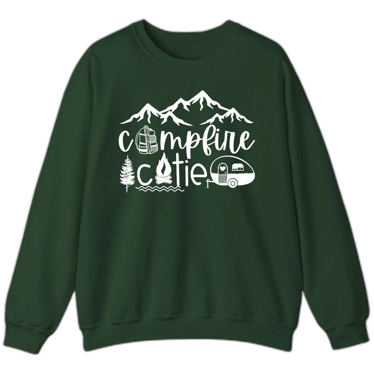 Campfire cutie camping design with mountains, backpack, camper trailer, campfire, and pine tree in white on gray background in Forest Green