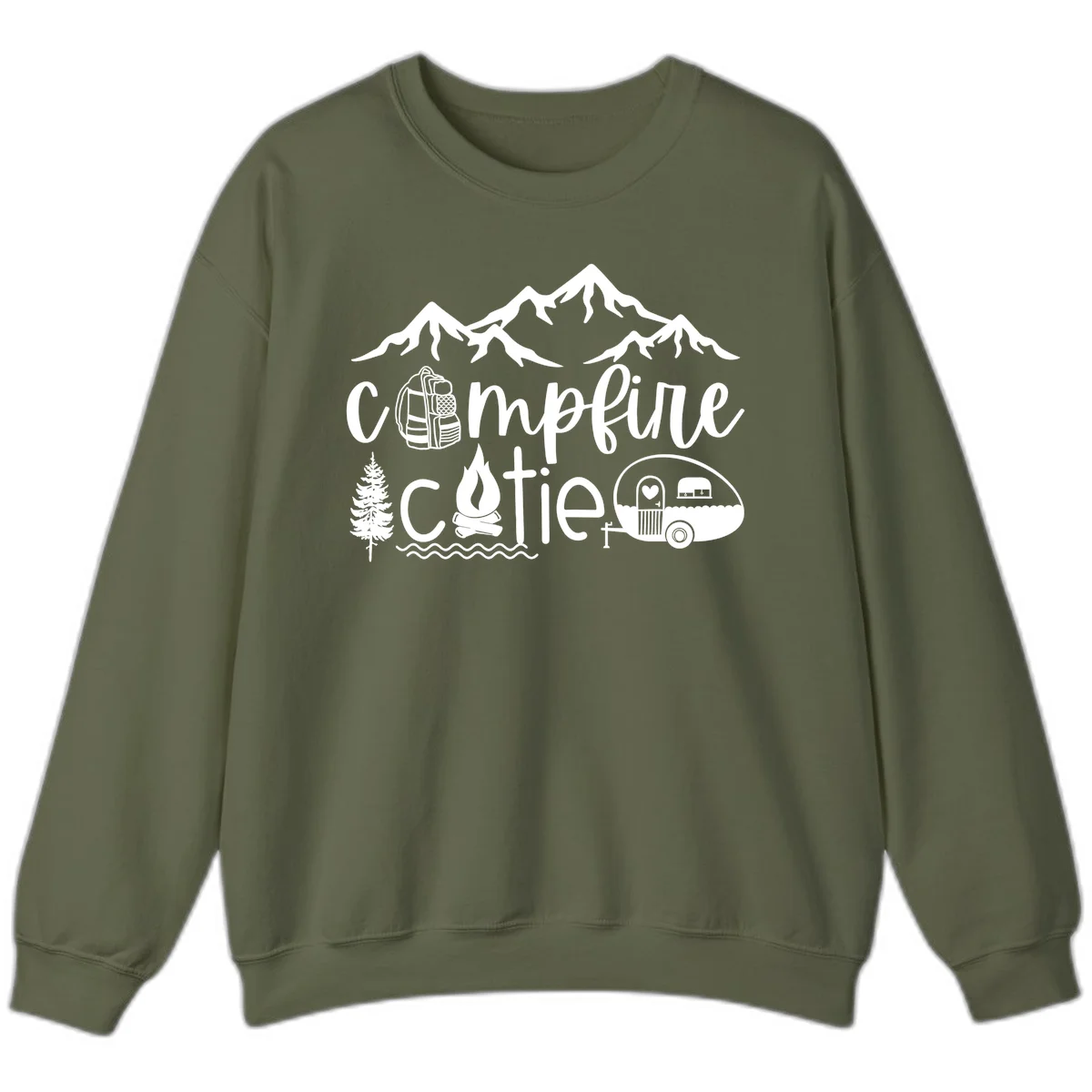 Campfire cutie camping design with mountains, backpack, camper trailer, campfire, and pine tree in white on gray background in Military Green