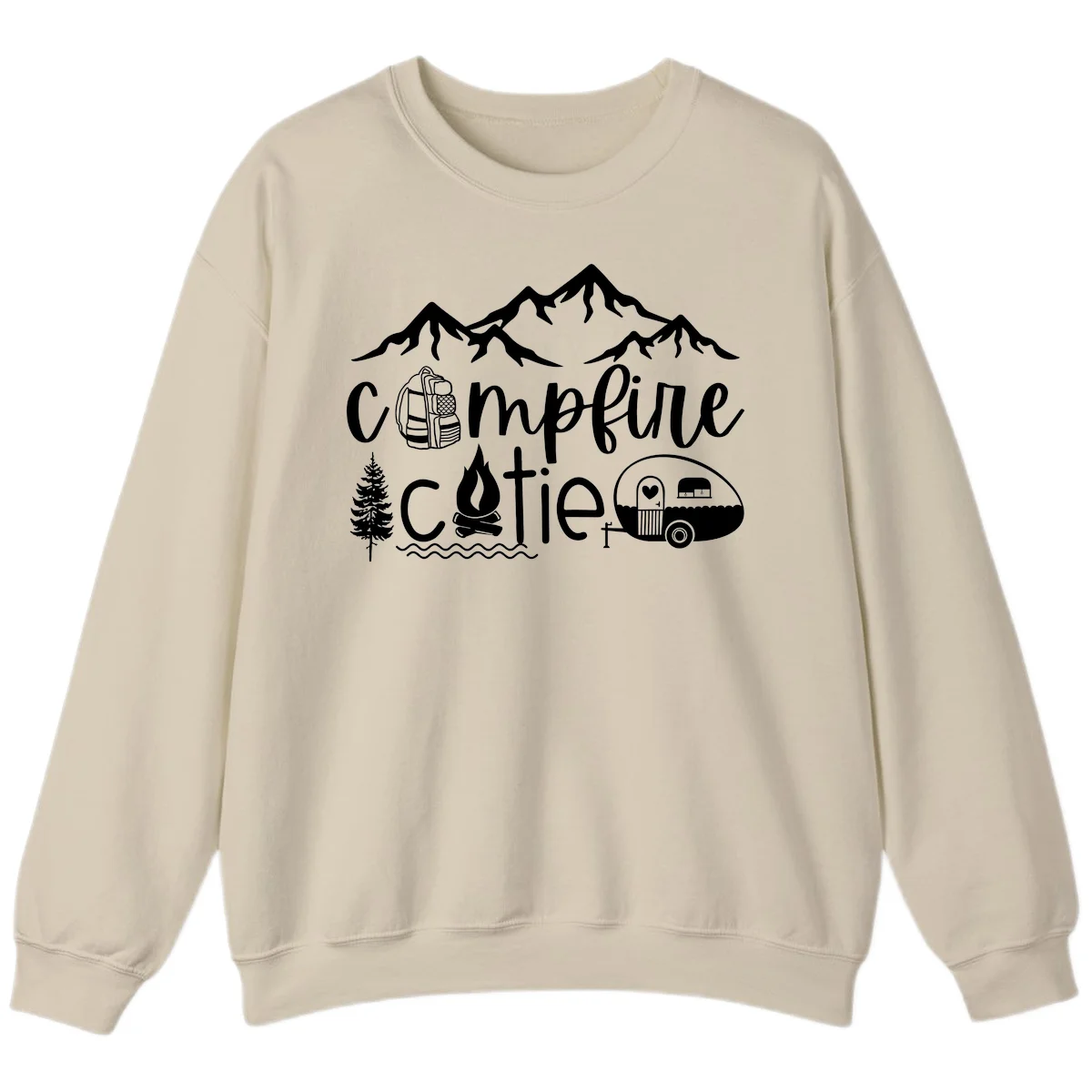 Campfire cutie camping design with mountains, backpack, camper trailer, campfire, and pine tree in white on gray background in Sand
