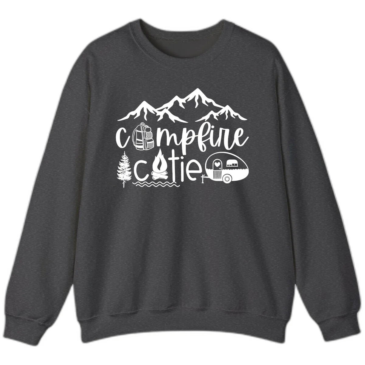 Campfire cutie camping design with mountains, backpack, camper trailer, campfire, and pine tree in white on gray background in Dark Heather
