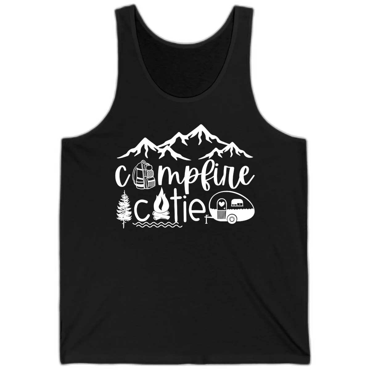 Campfire cutie camping design with mountains, backpack, camper trailer, campfire, and pine tree in white on gray background in Black
